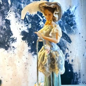 Vtg Duck House Heirloom Victorian Tassel Doll Umbrella Feather Hat COA Geraldine